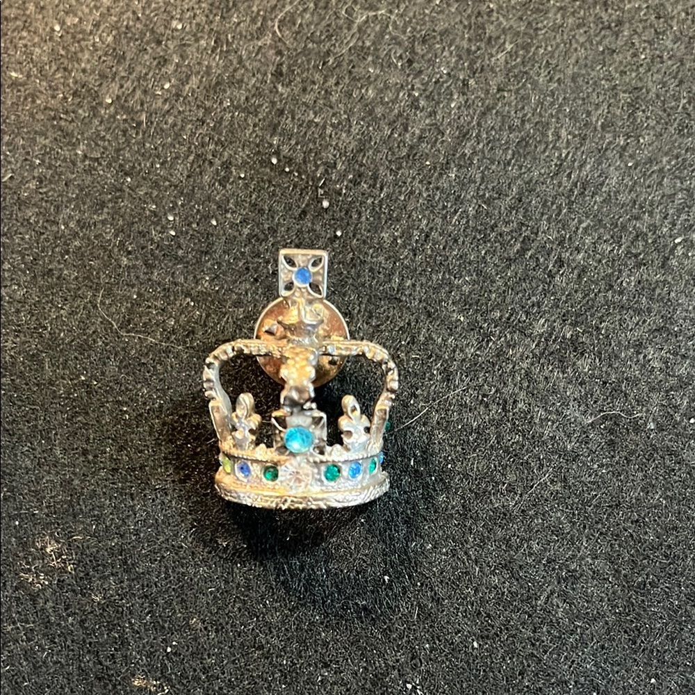 Silver Tone Crown Brooch with Blue Accents